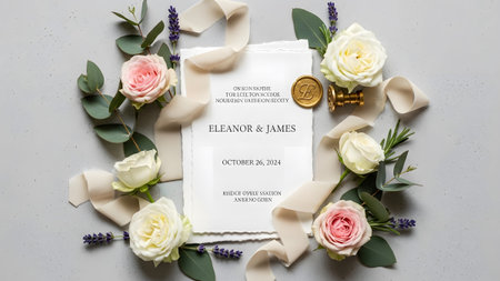 Wedding invitation for Eleanor and James with wax seal, October 26 2024 date and elegant floral decor on textured background.