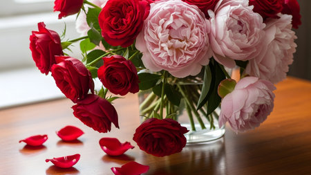 Lush bouquet of red roses and pink peonies in clear vase. Scattered petals on wooden surface. Romantic floral display.