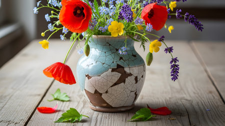 Vibrant poppies, lavender, and yellow flowers arranged in a rustic vase, scattered petals on wood, bright and cheerful display.
