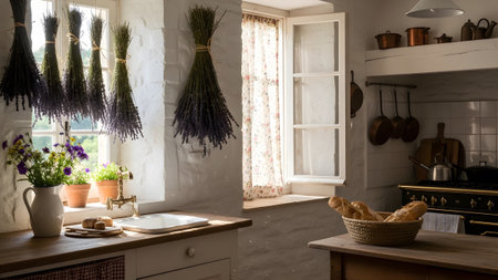 Cozy country kitchen with exposed brick, wooden countertops, sink, and bread in basket. Sunlight streams through window.