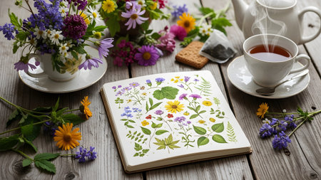 Colorful floral arrangement near open book of botanical drawings. Hot tea and cookies in cozy, rustic setting.