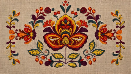 Intricate folk art floral embroidery. Brightly colored flowers and leaves stitched on textured linen fabric. Traditional decorative art.