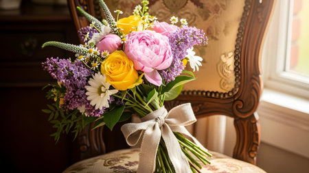 Vibrant spring bouquet with yellow roses peonies lilacs and daisies, tied with bow, sitting on ornate chair, fresh floral decoration.