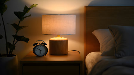 Nightstand, cozy bedroom, lamp light, vintage clock, green plant, time, sleep, domestic interior, evening.