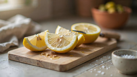 Close-up high-detail photograph of fresh lemon wedges and a knife on a wooden board. The composition highlights the texture of the fruit and the warmth of the natural kitchen light creating an inviting and appetizing aesthetic.