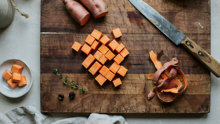 An overhead shot of sweet potatoes being diced on a worn wooden cutting board. The scene features peelings a knife and a small bowl of salt creating a warm authentic and professional kitchen atmosphere.