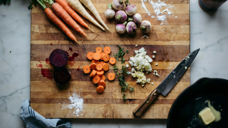 An organized overhead shot showing carrots beets and onions being prepared on a wooden cutting board with a cast-iron skillet containing butter nearby. This scene captures the start of a delicious home-cooked meal.