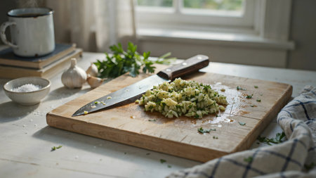 A detailed shot of freshly minced garlic and green herbs gathered on a wooden cutting board with a large chef's knife nearby. The scene is set in a bright rustic kitchen with a bowl of sea salt and a stack of books in the background.