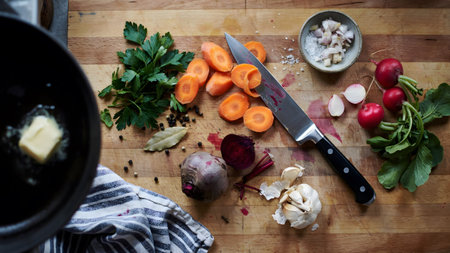 A top-down view of a rustic wooden cutting board featuring a variety of fresh ingredients including carrots radishes beets parsley and garlic ready for gourmet meal preparation.