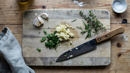 A close-up top-down view of a wooden cutting board displaying freshly minced garlic chopped parsley and sprigs of rosemary and thyme. A chef's knife rests beside the ingredients suggesting the preparation of aromatic seasonings. Scattered salt crystals and a small bowl of what appears to be salt add to the culinary scene. This image evokes the essence of fresh flavors and the foundational elements of savory cooking.