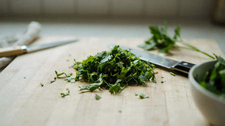 A close-up high-quality photograph of freshly minced parsley on a rustic wooden cutting board. A kitchen knife is positioned next to the pile of herbs suggesting active preparation for a flavorful meal.