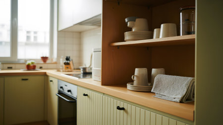 Kitchen shelving unit displaying stacked mugs, plates, and various kitchenware items bathed in natural light from a window.