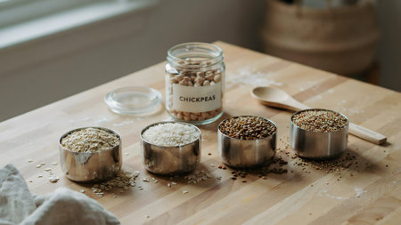 Variety of grains like oats, rice, lentils and quinoa in metal bowls. Jar of chickpeas labeled. Healthy vegetarian diet food. Closeup.
