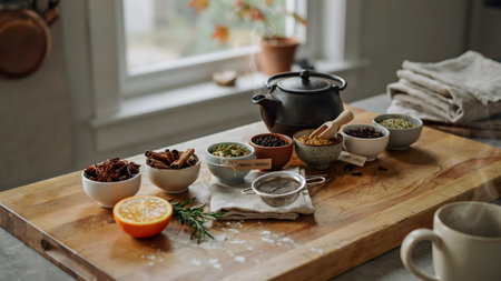 A detailed close-up of a black teapot surrounded by small bowls of aromatic spices like star anise cardamom and whole ginger. The setup on a wooden cutting board captures the essence of preparing homemade authentic spiced chai tea.