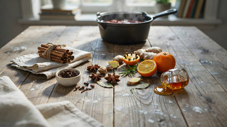 A rustic wooden table is set with the vibrant ingredients for making mulled wine. Fresh oranges some halved and some whole are arranged with fragrant cinnamon sticks star anise cardamom pods and bay leaves. A small bowl holds whole cloves and a drizzle of golden honey or syrup is visible. A dark pot suggests the simmering beverage while a glass bottle of red wine stands nearby completing the scene of festive warmth and comforting flavors.