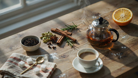 A cozy morning scene featuring a glass teapot filled with amber-colored tea emitting gentle steam. Arranged artfully on a rustic wooden table are cinnamon sticks star anise cardamom pods and a slice of fresh orange hinting at a warm aromatic beverage. A small bowl of loose leaf tea and a linen napkin complete this inviting setup bathed in soft natural light from a nearby window.