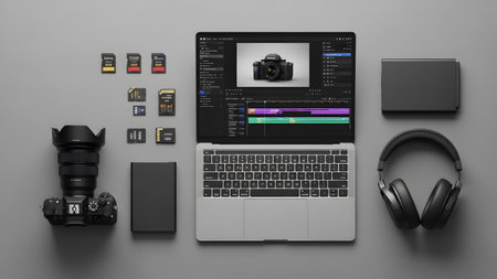 A clean minimalist flat-lay arrangement of video editing equipment including a laptop camera lens SD cards and headphones on a neutral background. This image is perfect for websites blogs and articles focused on creative technology.