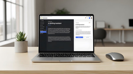 A sharp detailed photograph of an open laptop on a wooden desk showcasing a clean professional AI writing assistant application interface emphasizing modern technology and efficient workflow solutions.