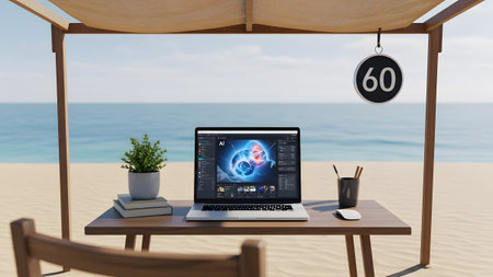 A high-end computer workstation set up under a rustic desert-style shade structure on a white sand beach creating a visually striking contrast between technology and the tropical landscape.