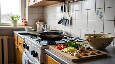 A detailed shot of a home kitchen scene featuring a wooden cutting board with chopped vegetables and spices. A frying pan sits on the active stove with a blue flame ready for cooking.
