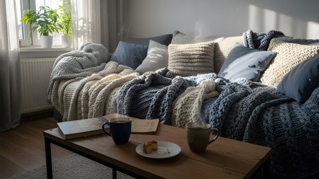 A brightly lit cozy living room corner featuring a plush sofa layered with heavy chunky knit blankets. A wooden coffee table holds warm drinks and a light pastry evoking a sense of slow peaceful morning comfort.