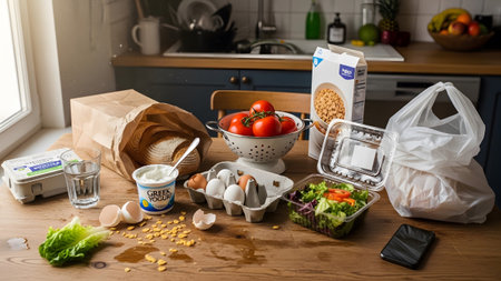 A high-quality photograph of a wooden kitchen table filled with various groceries including a bag of bread a carton of eggs fresh tomatoes in a colander Greek yogurt a salad container and a smartphone. The scene captures the essence of a modern home lifestyle after returning from a grocery store run.