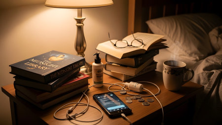 A warm inviting night scene featuring a book titled The Midnight Library a steaming cup of coffee a charging smartphone and eyeglasses on a wooden nightstand evoking a peaceful evening of reading.