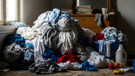 A high-quality photograph showing a massive unorganized pile of laundry including various clothes and towels scattered across the floor of a messy room.