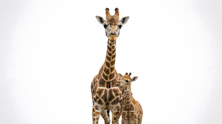 Mother giraffe and young calf stand close together on white background. African wildlife family. Nature.