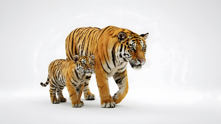 Adult tiger walking with young cub side by side in studio on white background large predator feline family duo.