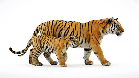 Adult tiger walking with young cub side by side in studio on white background large predator feline family duo.