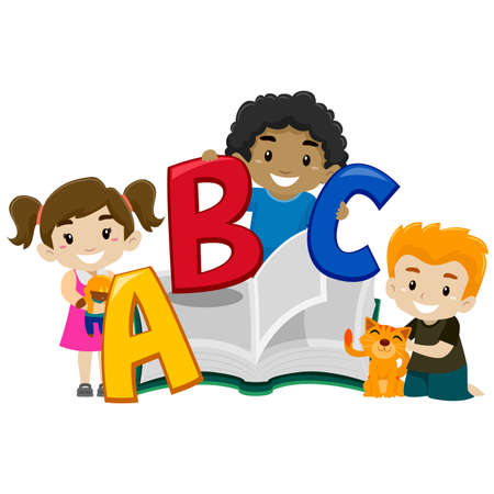 Vector Illustration of Cute Kids holding a Book ABCのイラスト素材