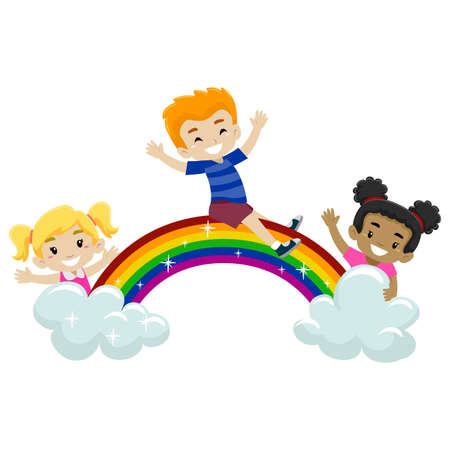 Vector Illustration of Kids playing at the top of the rainbowのイラスト素材