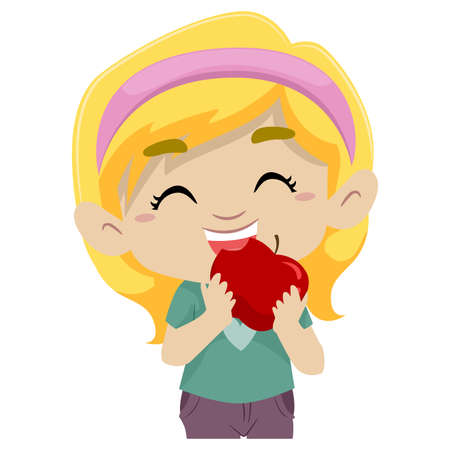 Vector Illustration of a Little Girl Eating Appleのイラスト素材