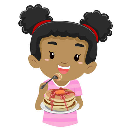 Vector Illustration of a Girl Eating Pancakesのイラスト素材