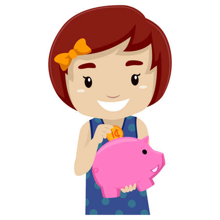 Little girl holding Piggy Bankのイラスト素材