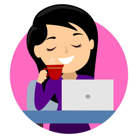 Vector Illustration of a Smiling Girl drinking coffee cup in front of laptopのイラスト素材