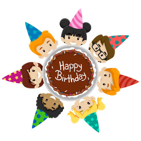 Vector Illustration of Kids, Diversity, around Birthday Cakeのイラスト素材