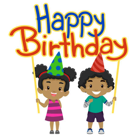 Vector Illustration of Kids holding Happy Birthday Bannerのイラスト素材
