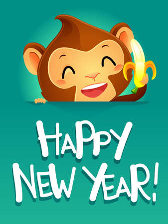 Vector Illustration of Monkey holding a Banana Celebrating Happy New Yearのイラスト素材