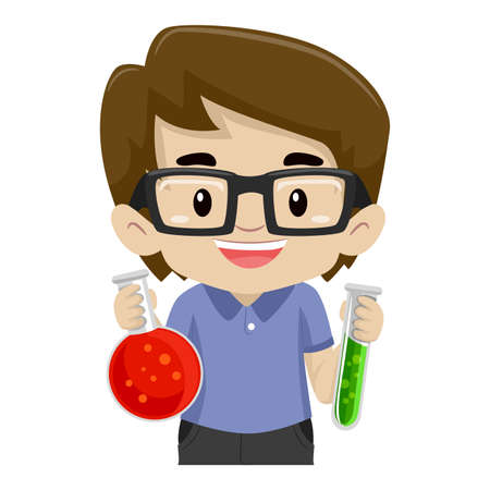 Vector Illustration of a Boy Holding Laboratory Test Tubesのイラスト素材