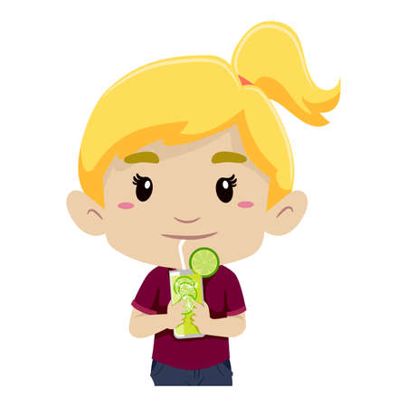 Vector Illustration of a Girl Drinking Glass of Lemonadeのイラスト素材