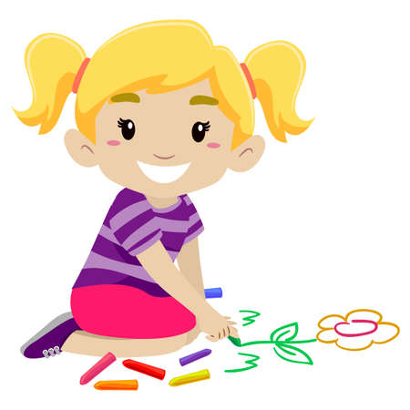 Vector Illustration of a Little Girl Drawing a Flower using Chalkのイラスト素材