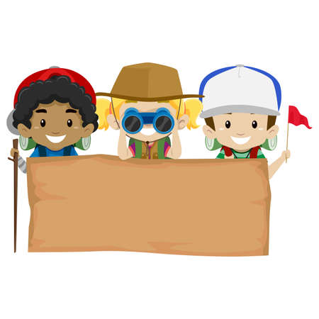 Vector Illustration of Children holding a Blank wood Bannerのイラスト素材