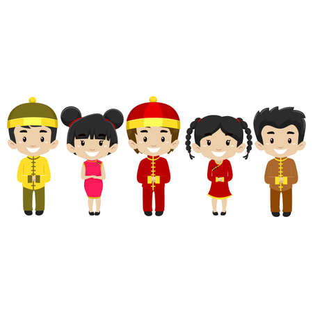 Vector Illustration of Set of Kids wearing Chinese Costumeのイラスト素材