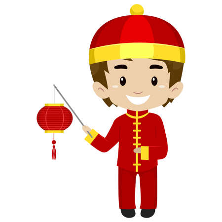 Vector Illustration of a Boy wearing Chinese Costume holding Chinese Lanternのイラスト素材