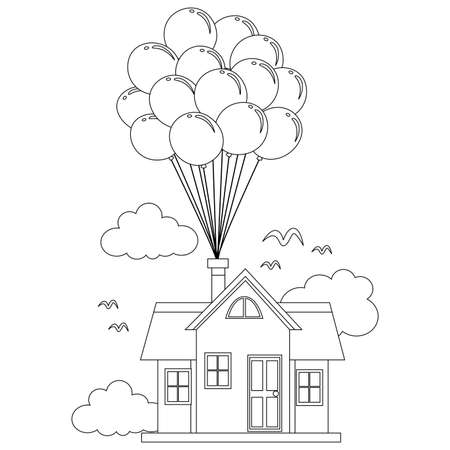Coloring Book Outlined House with Balloonのイラスト素材