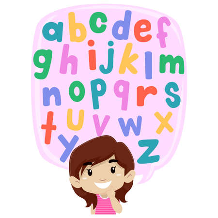 Vector Illustration of Little Girl thinking of Alphabet Setのイラスト素材