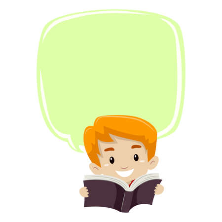 Vector Illustration of a Boy Reading Book with Blank Speech Bubbleのイラスト素材