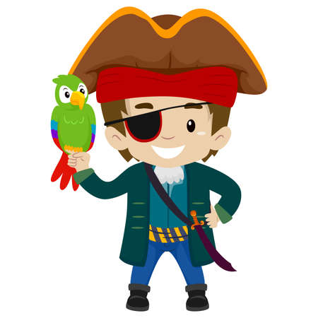 Vector Illustration of Pirate Captain Kid with Parrotのイラスト素材